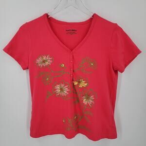 Jayne B Collection Top Womens Small Pink Floral V Neck Henley Cotton T Shirt